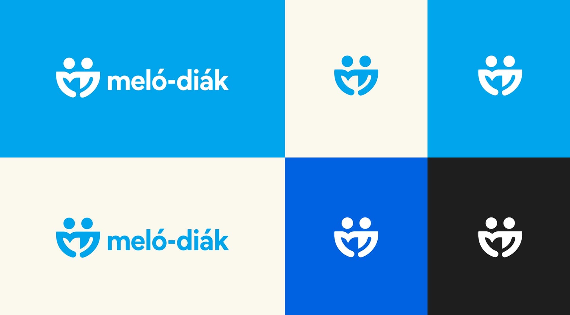 Meló-Diák logo variations on blue, cream and black backgrounds