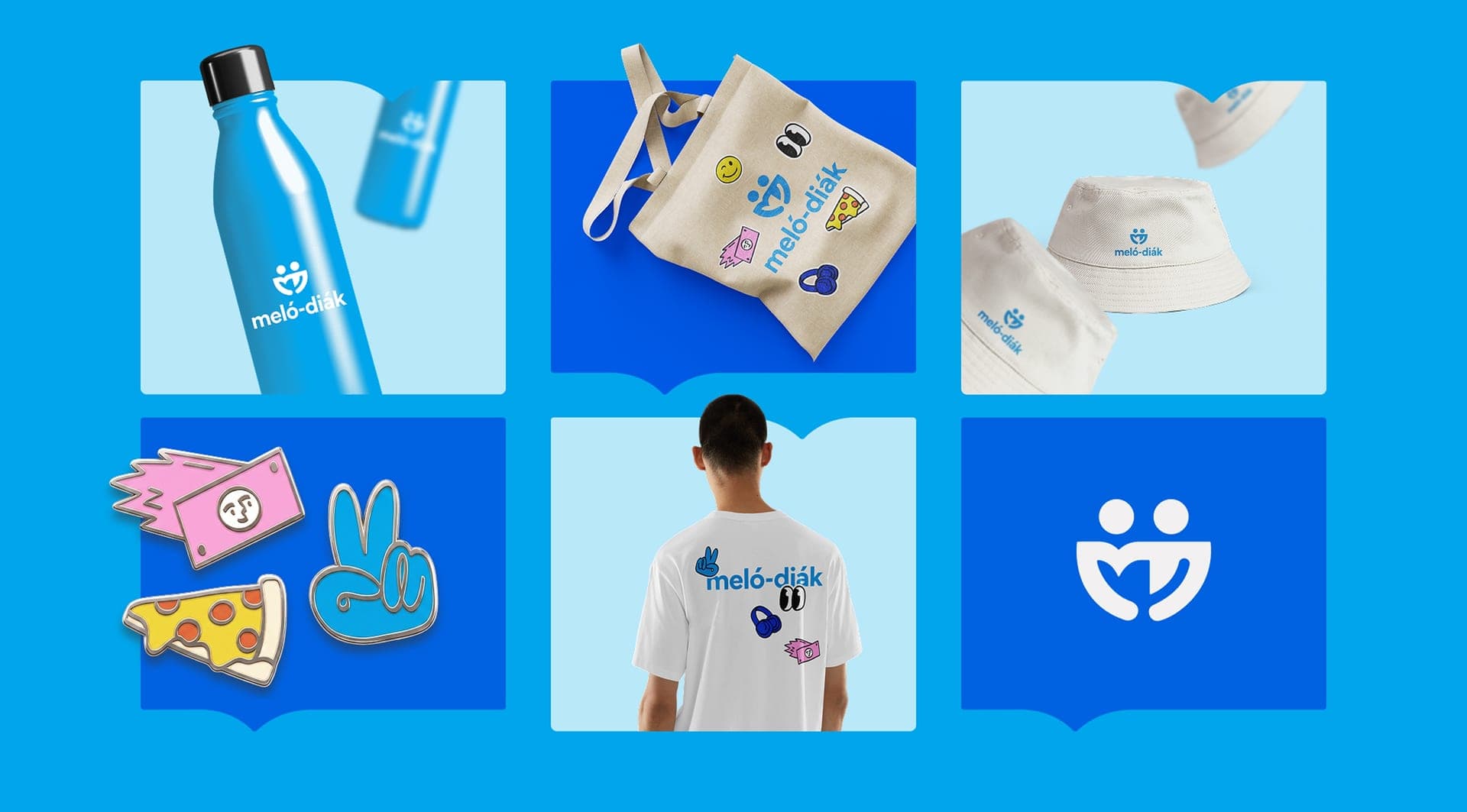 Meló-Diák merch: bottle, tote bag, bucket hat and T-shirt