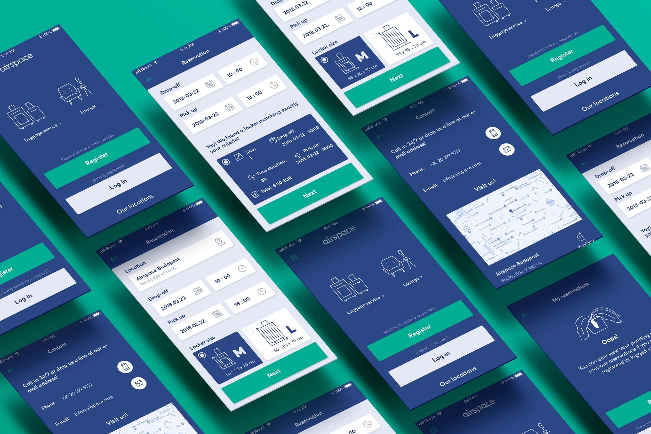 Screenshots of mobile app design in a 3D layout mockup