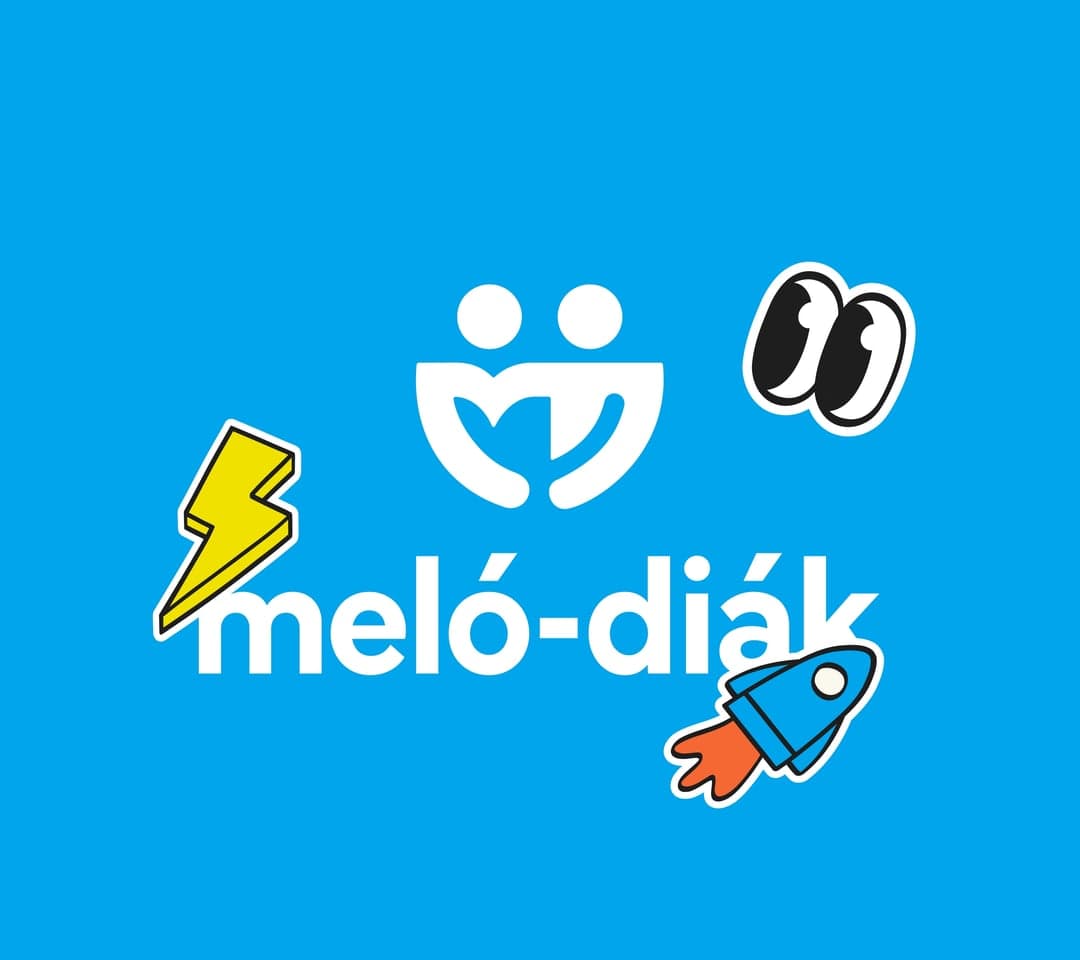 The Meló-Diák logo with hand-drawn stickers